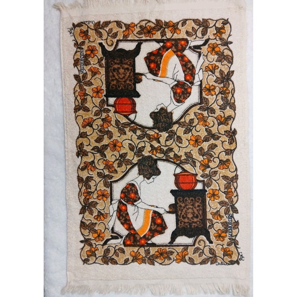 VTG 1970s Arlin "Memories" Cotton Dish Towel - Art Nouveau Mod Floral Fringed